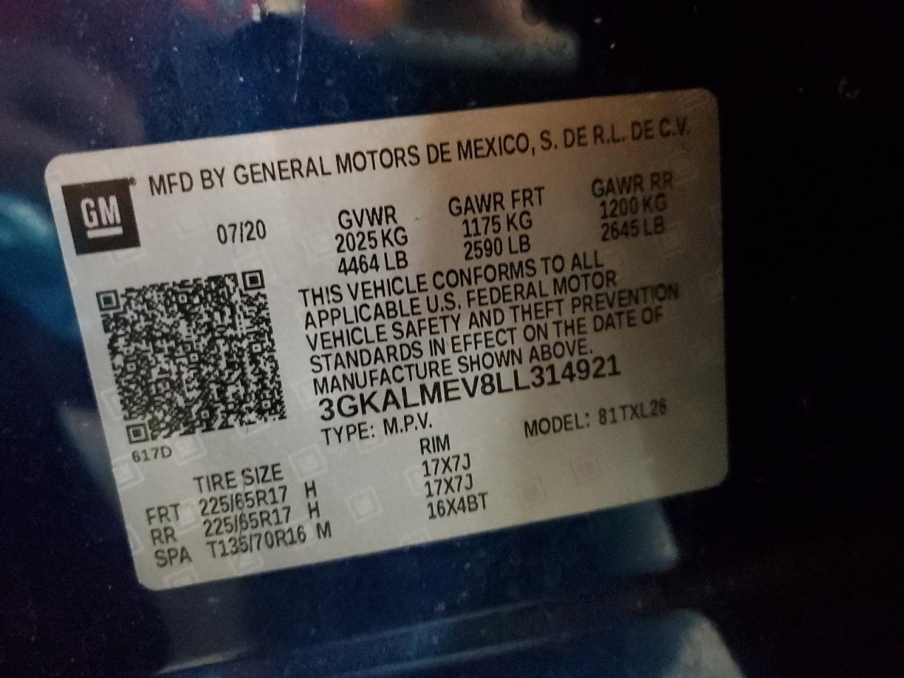 3GKALMEV8LL314921 2020 GMC Terrain Sle