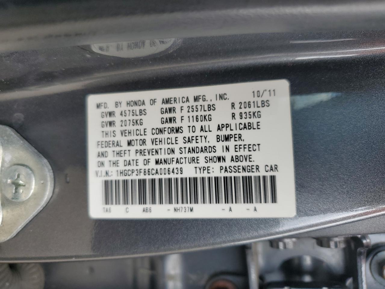 1HGCP3F86CA006439 2012 Honda Accord Exl