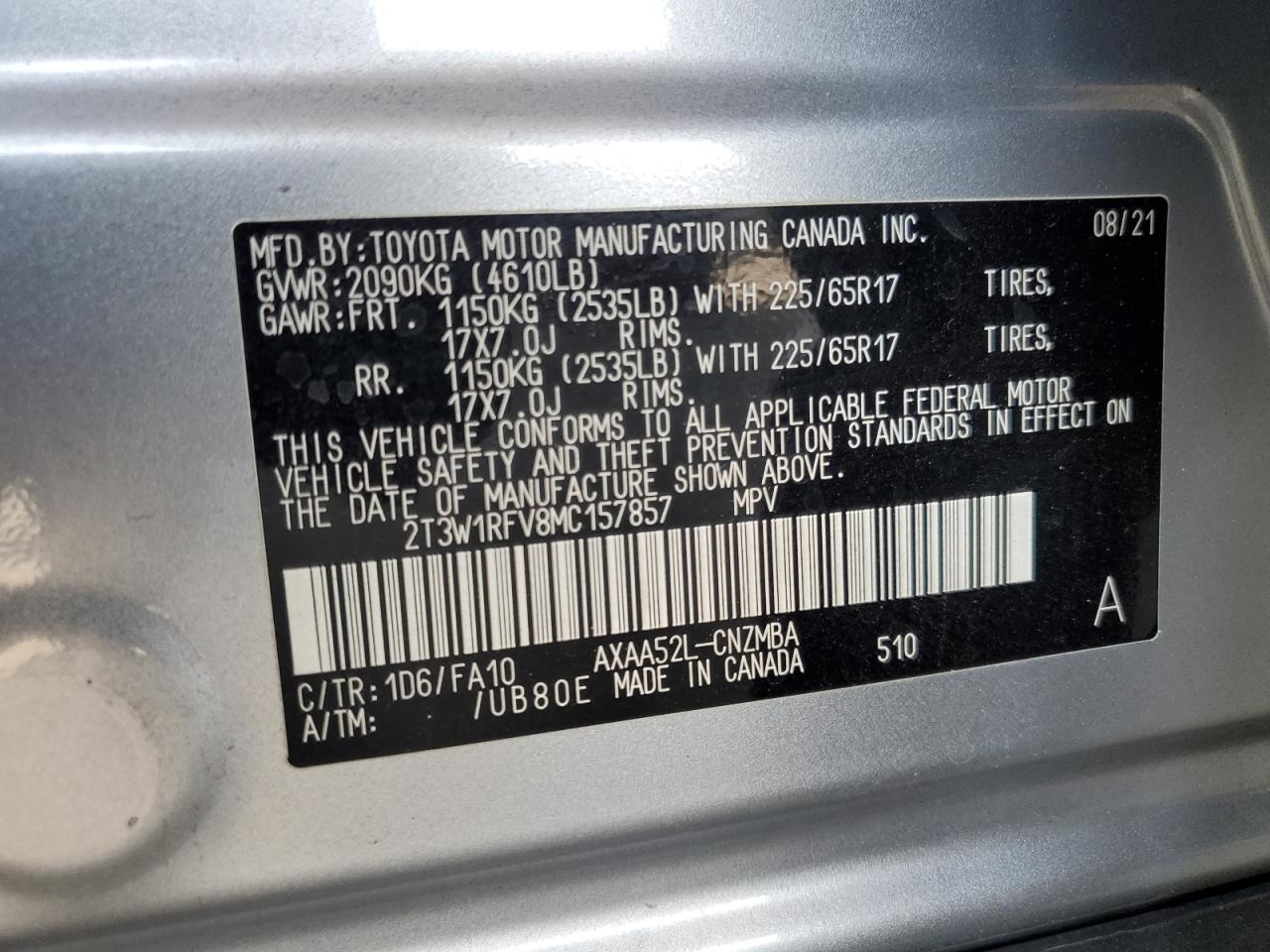 2T3W1RFV8MC157857 2021 Toyota Rav4 Xle