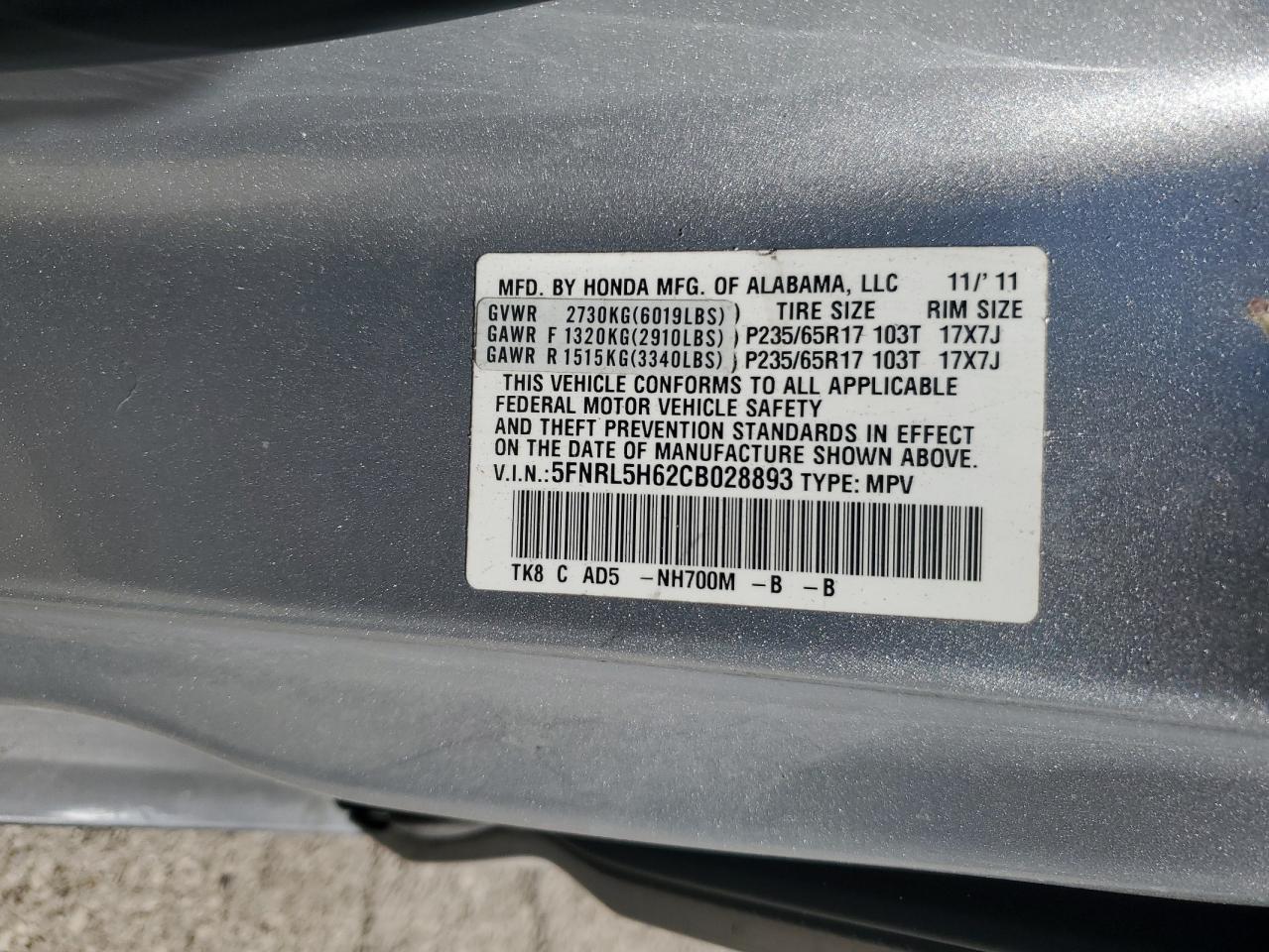 5FNRL5H62CB028893 2012 Honda Odyssey Exl