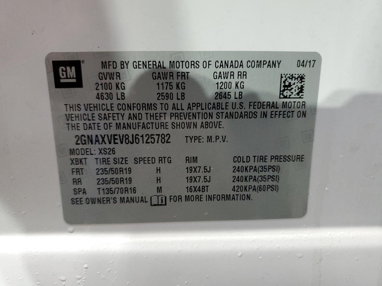 2GNAXVEV8J6125782 2018 Chevrolet Equinox Premier