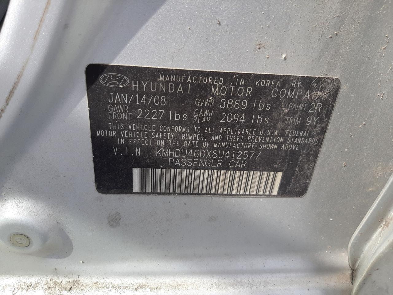 KMHDU46DX8U412577 2008 Hyundai Elantra Gls