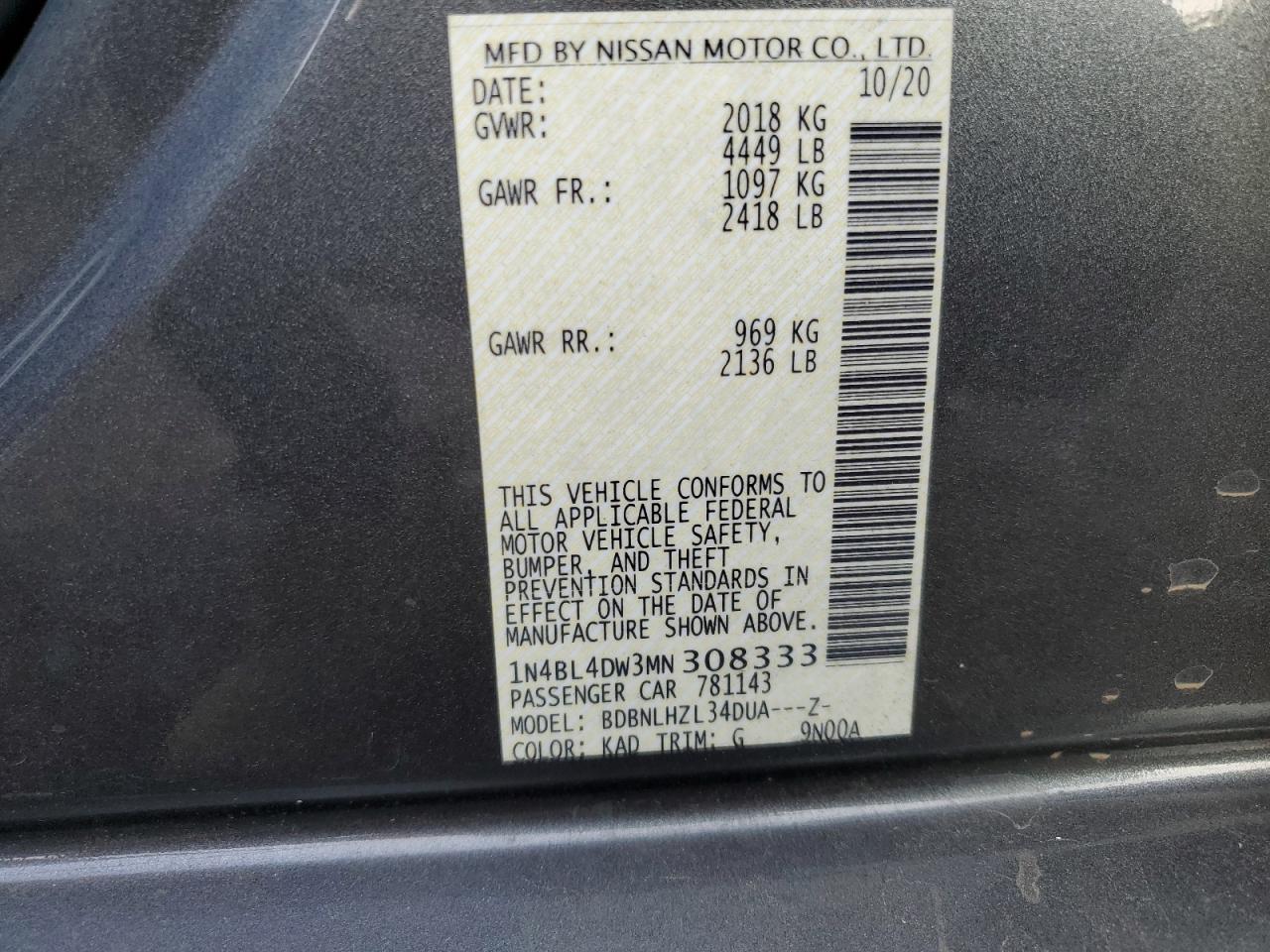 1N4BL4DW3MN308333 2021 Nissan Altima Sv