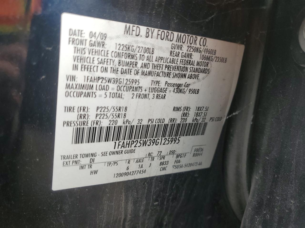 1FAHP25W39G125995 2009 Ford Taurus Limited