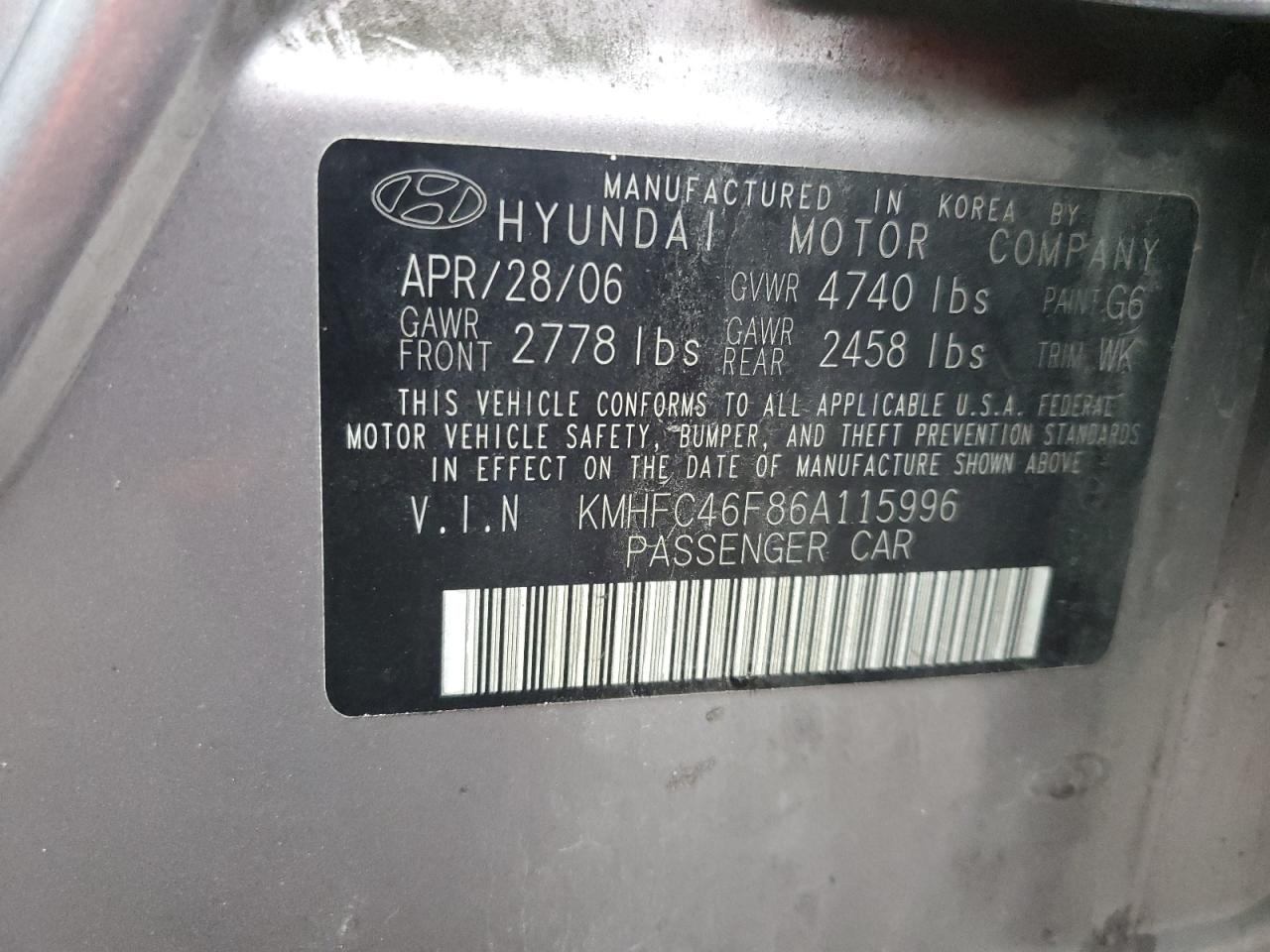 KMHFC46F86A115996 2006 Hyundai Azera Se