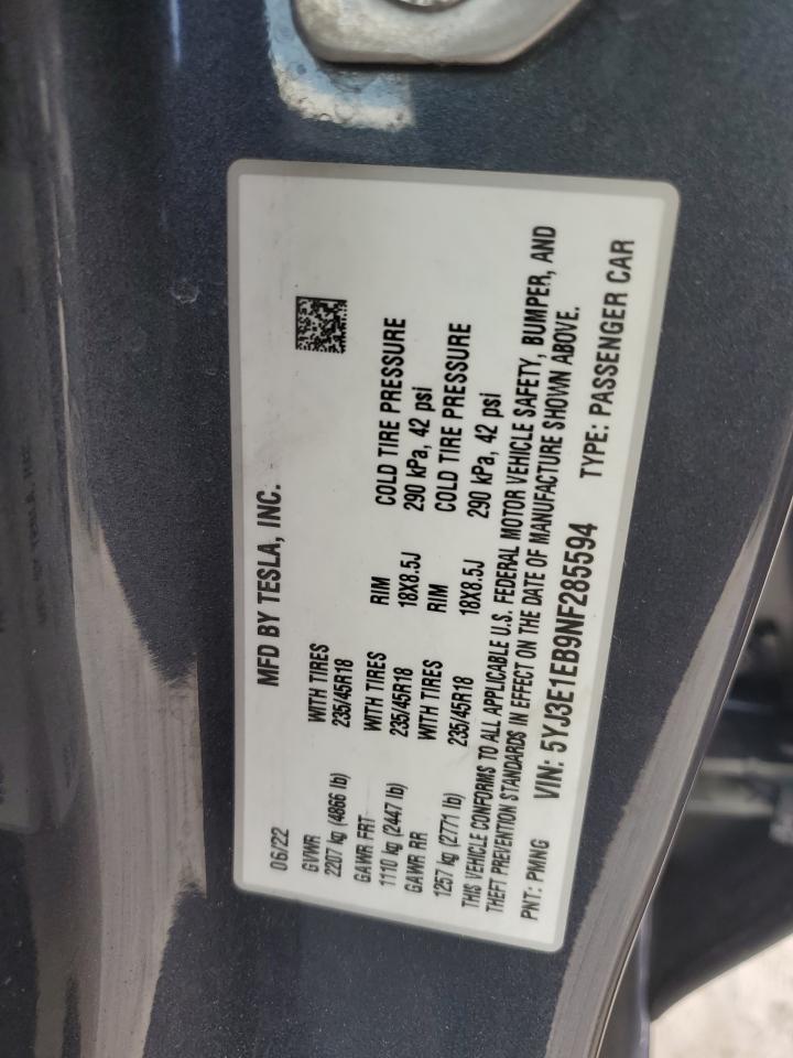 5YJ3E1EB9NF285594 2022 Tesla Model 3