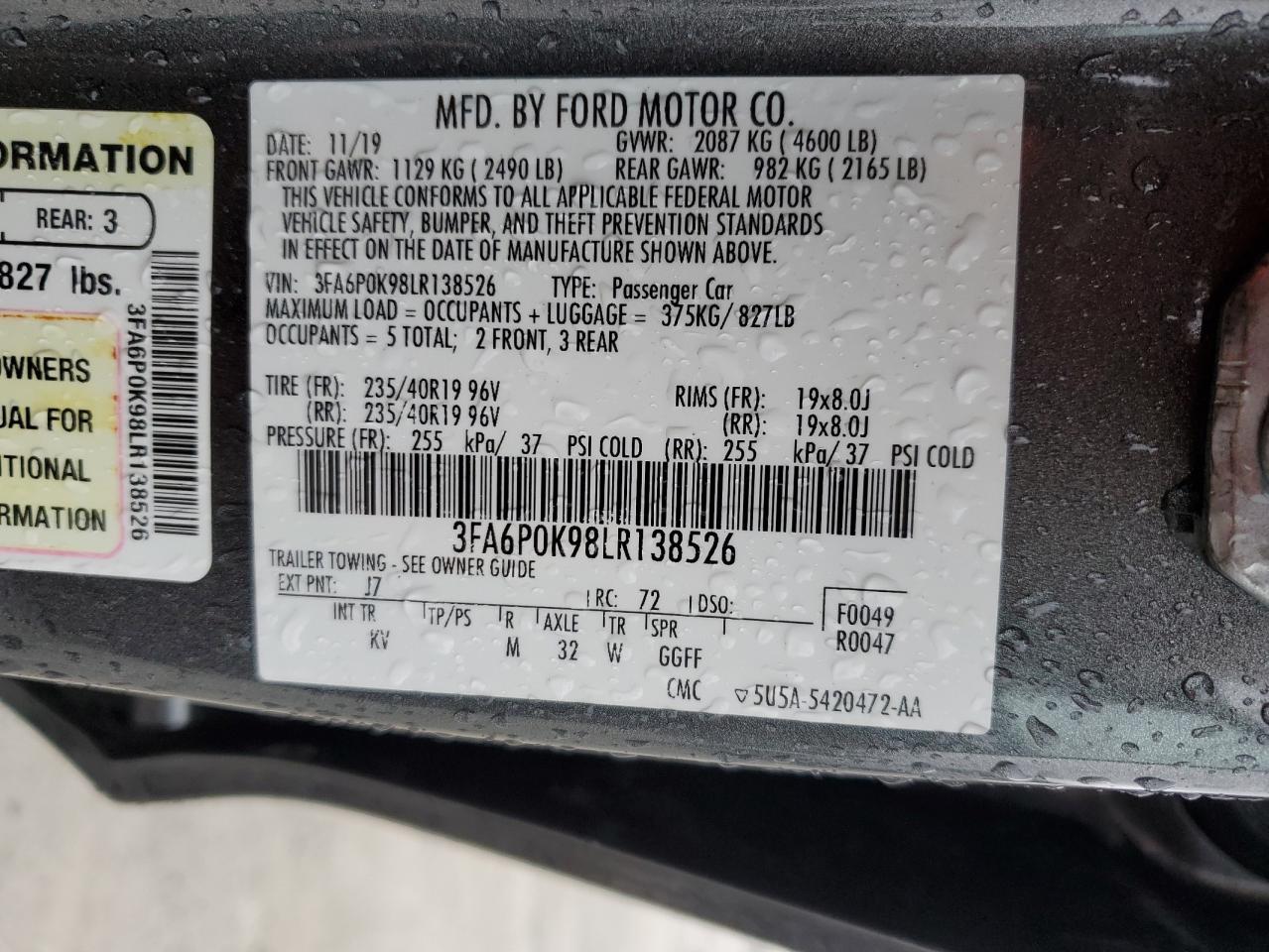 3FA6P0K98LR138526 2020 FORD FUSION - Image 12