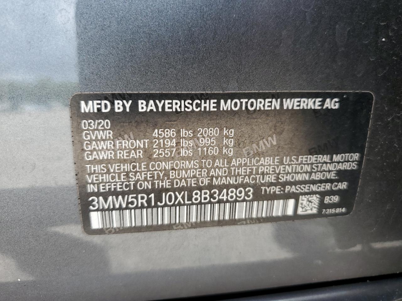 2020 BMW 330I VIN: 3MW5R1J0XL8B34893 Lot: 69627864