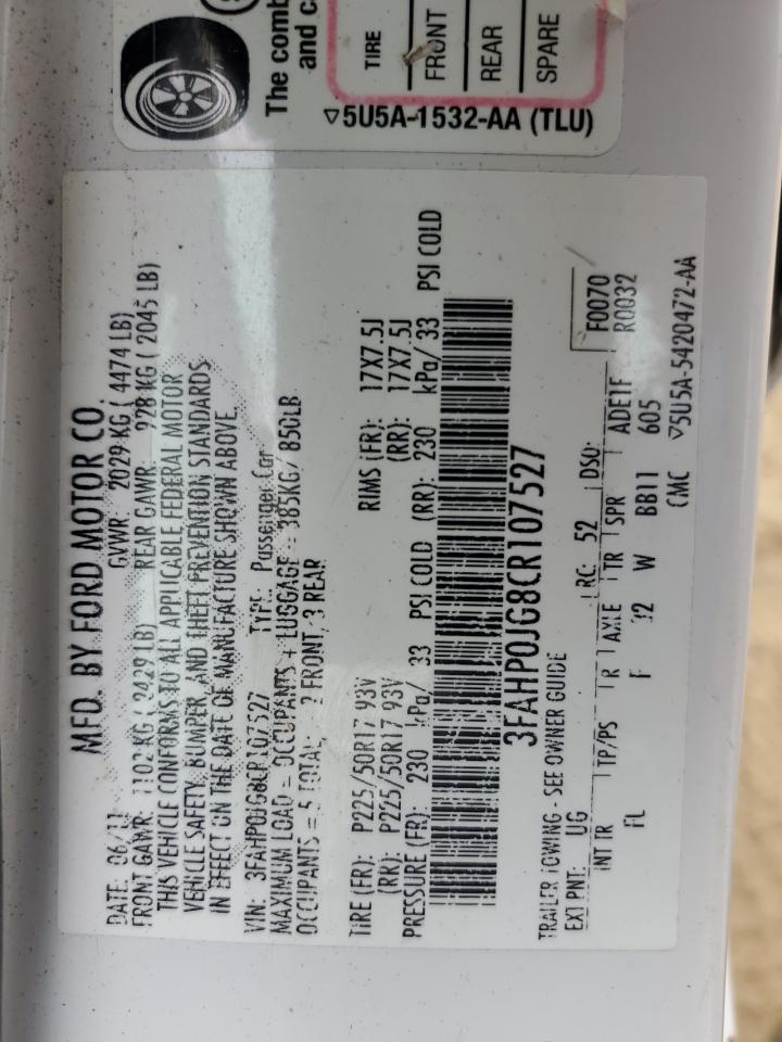 2012 Ford Fusion Sel VIN: 3FAHP0JG8CR107527 Lot: 72856124