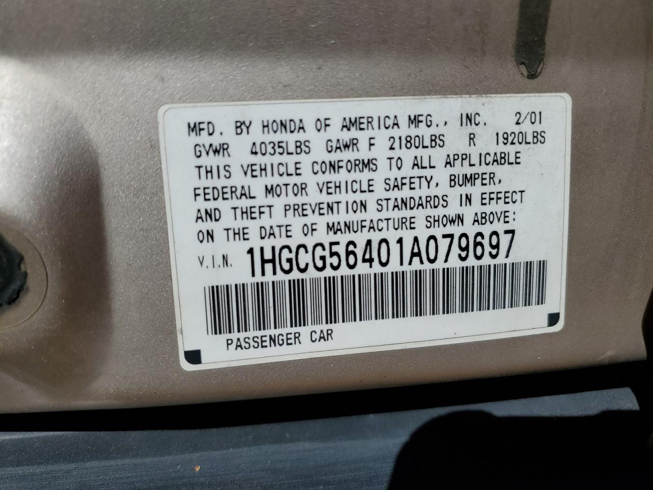 1HGCG56401A079697 2001 Honda Accord Lx