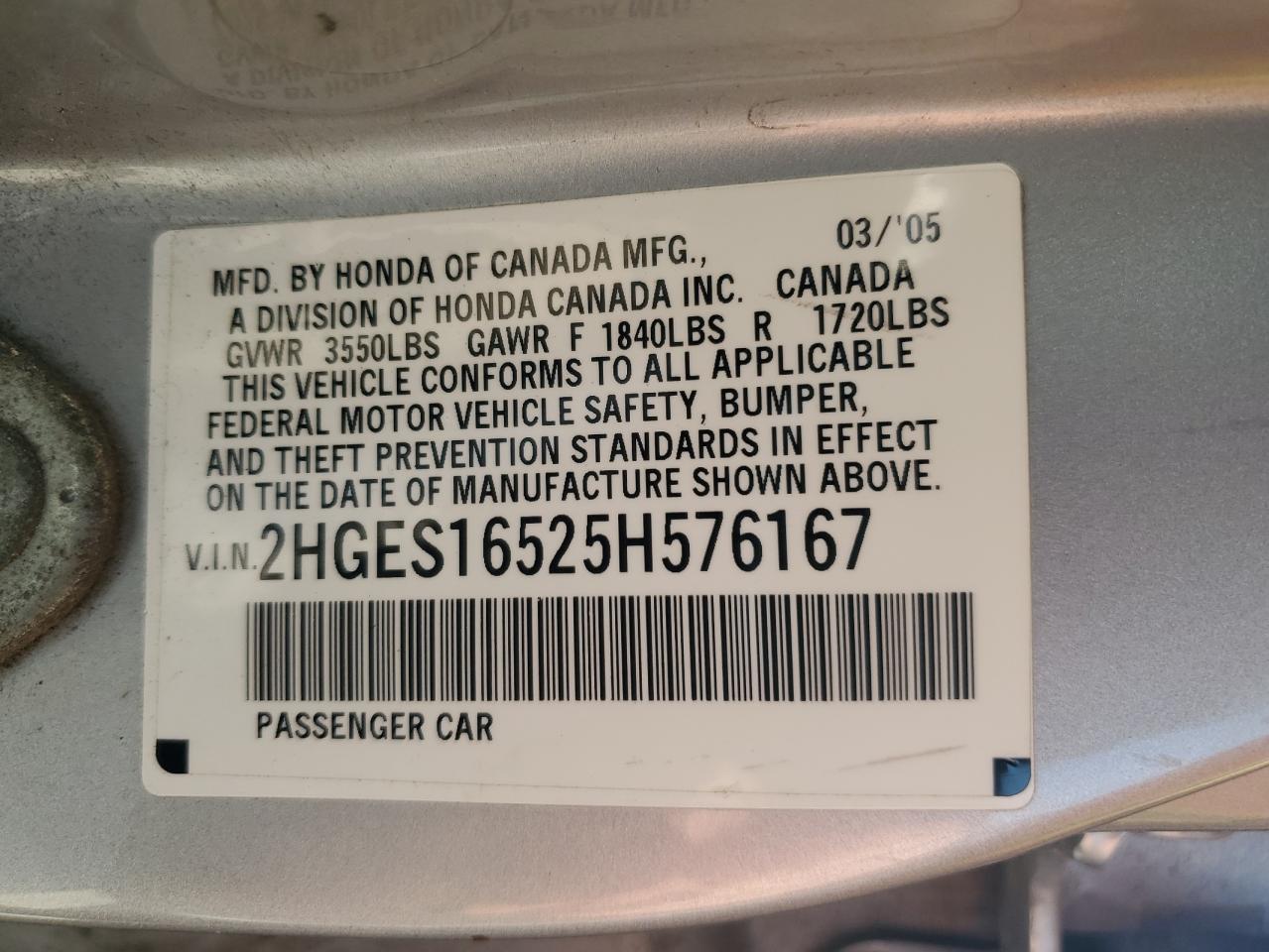 2005 Honda Civic Lx VIN: 2HGES16525H576167 Lot: 70600934