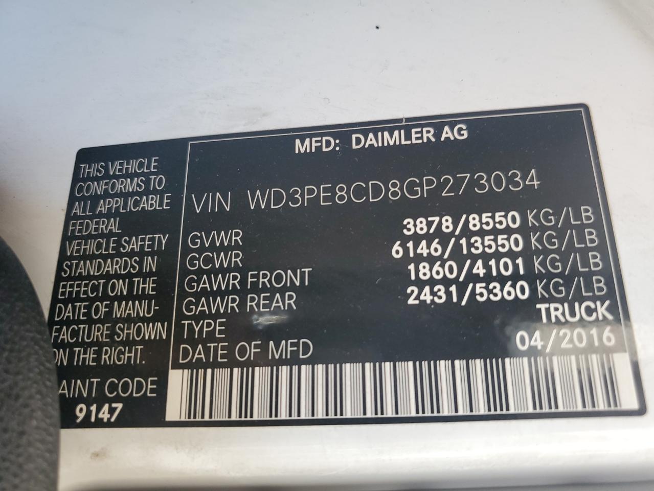 WD3PE8CD8GP273034 2016 Mercedes-Benz Sprinter 2500