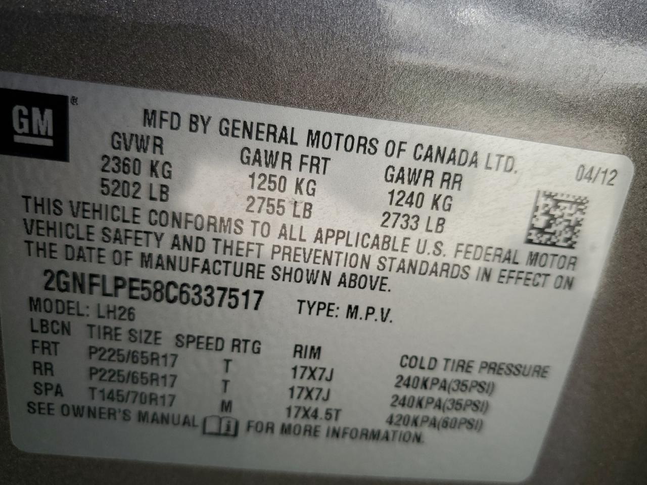 2GNFLPE58C6337517 2012 Chevrolet Equinox Lt