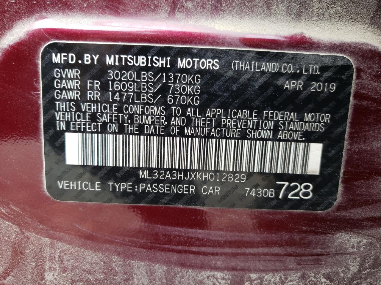 ML32A3HJXKH012829 2019 Mitsubishi Mirage Es