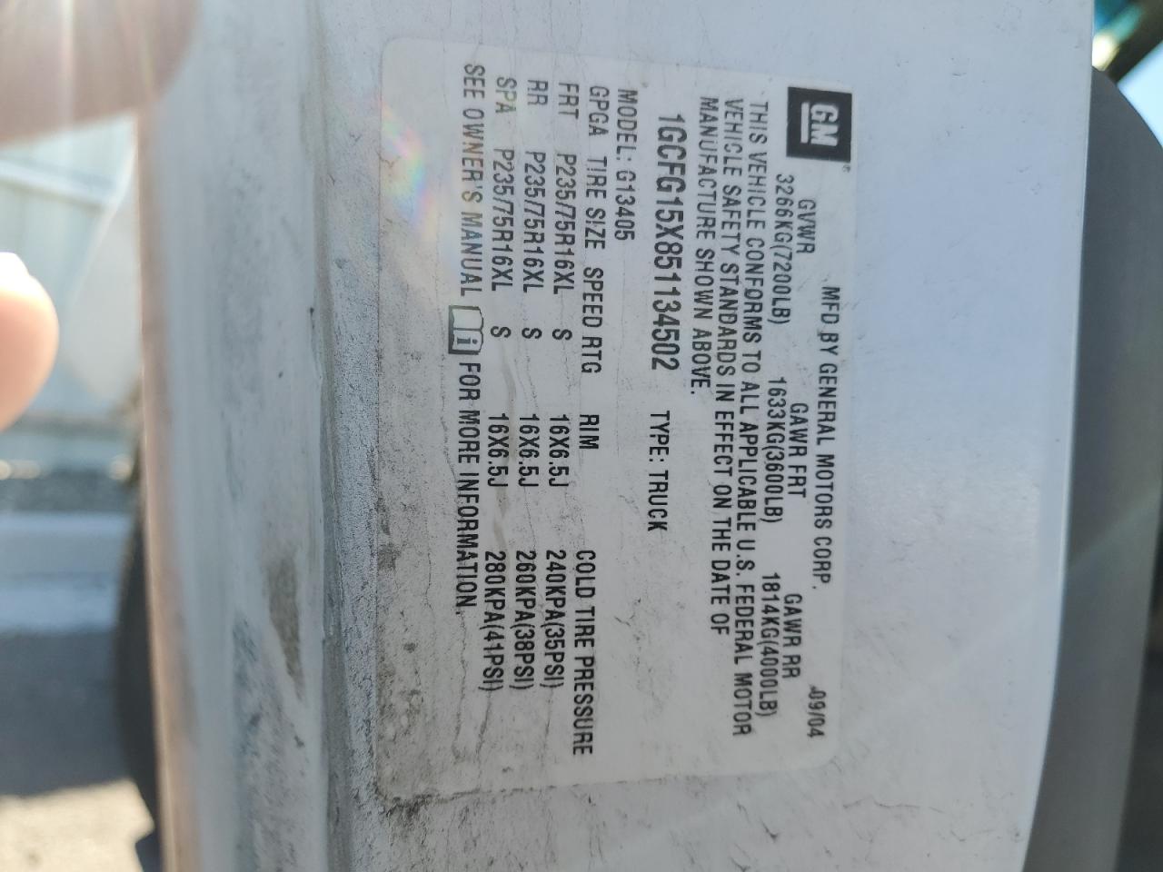 2005 Chevrolet Express G1500 VIN: 1GCFG15X851134502 Lot: 80252515