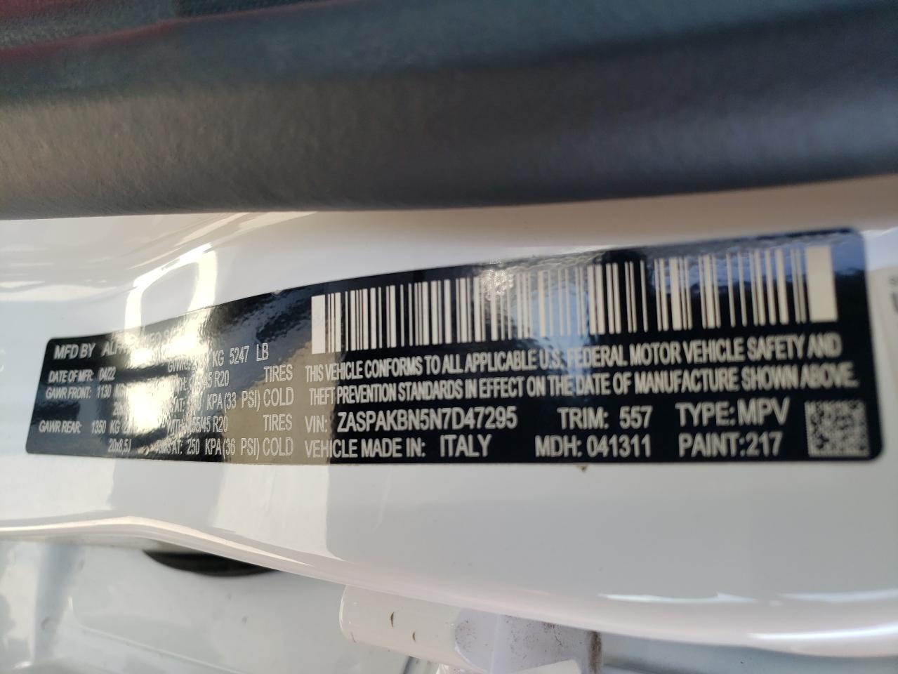 2022 Alfa Romeo Stelvio Ti VIN: ZASPAKBN5N7D47295 Lot: 71765894