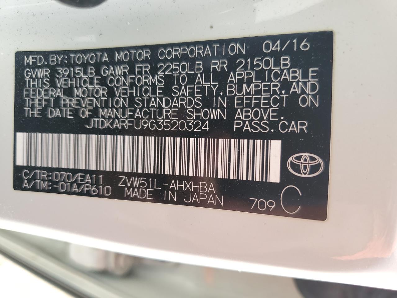 2016 Toyota Prius VIN: JTDKARFU9G3520324 Lot: 72035744