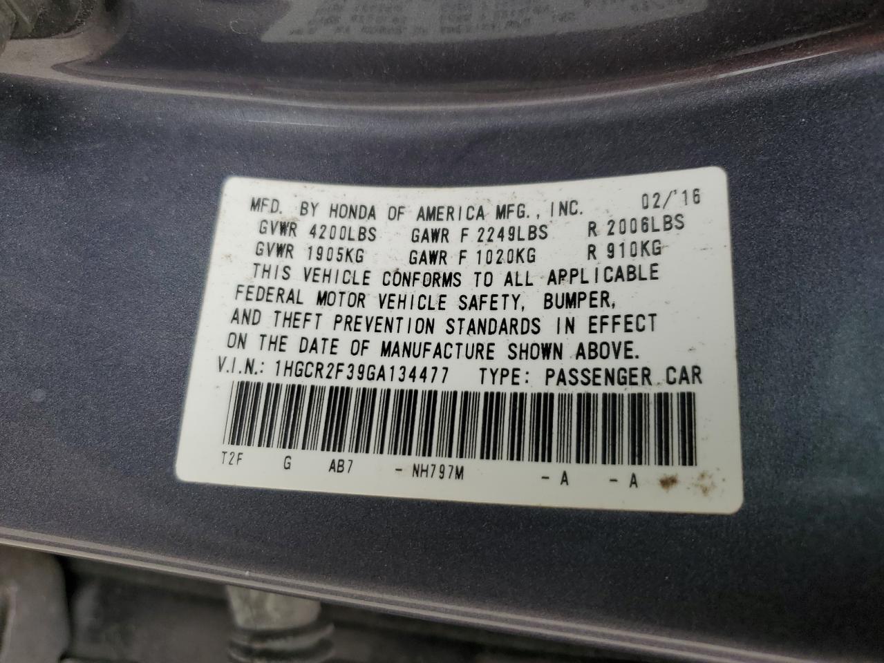 1HGCR2F39GA134477 2016 Honda Accord Lx