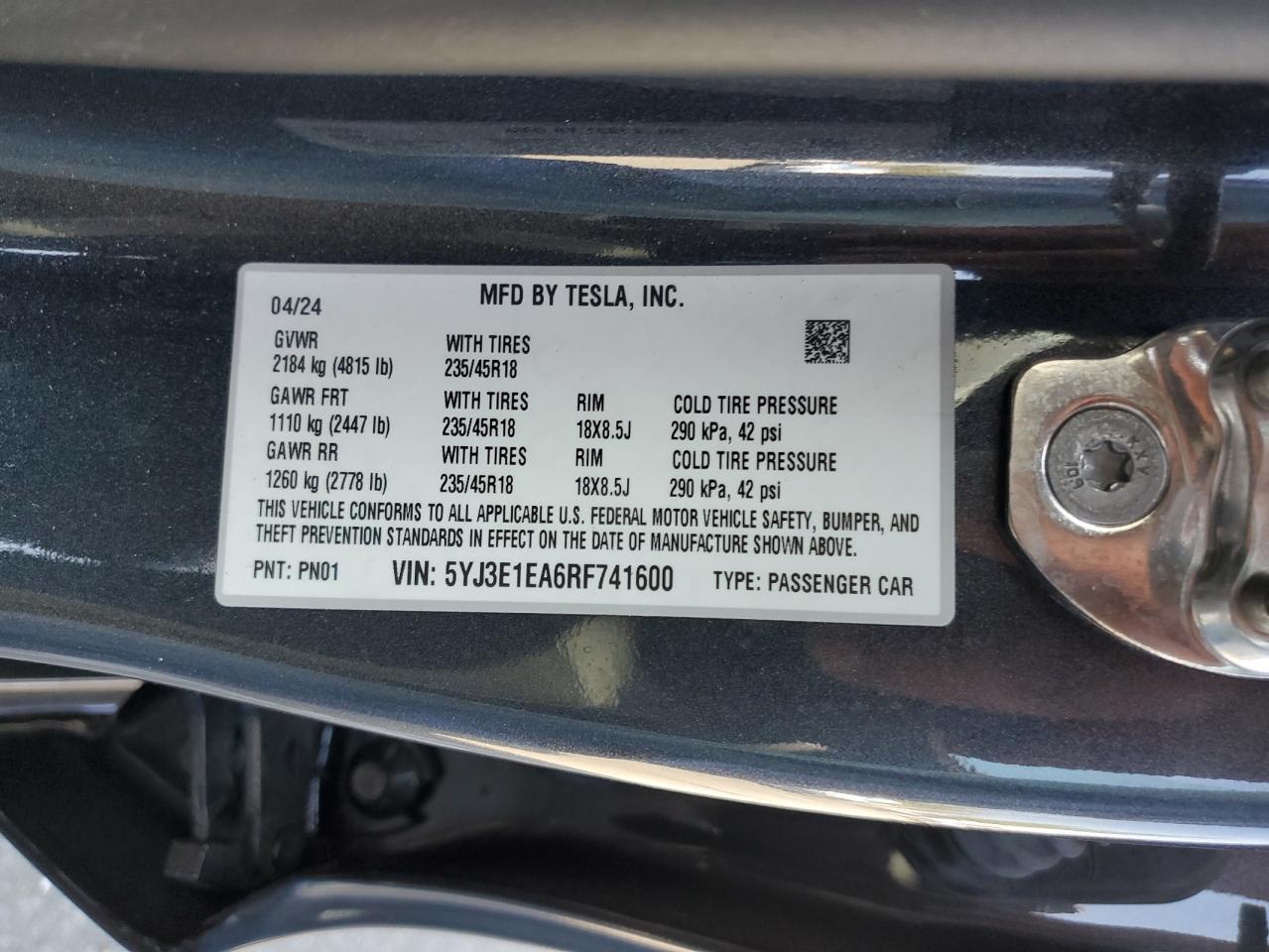 5YJ3E1EA6RF741600 2024 Tesla Model 3