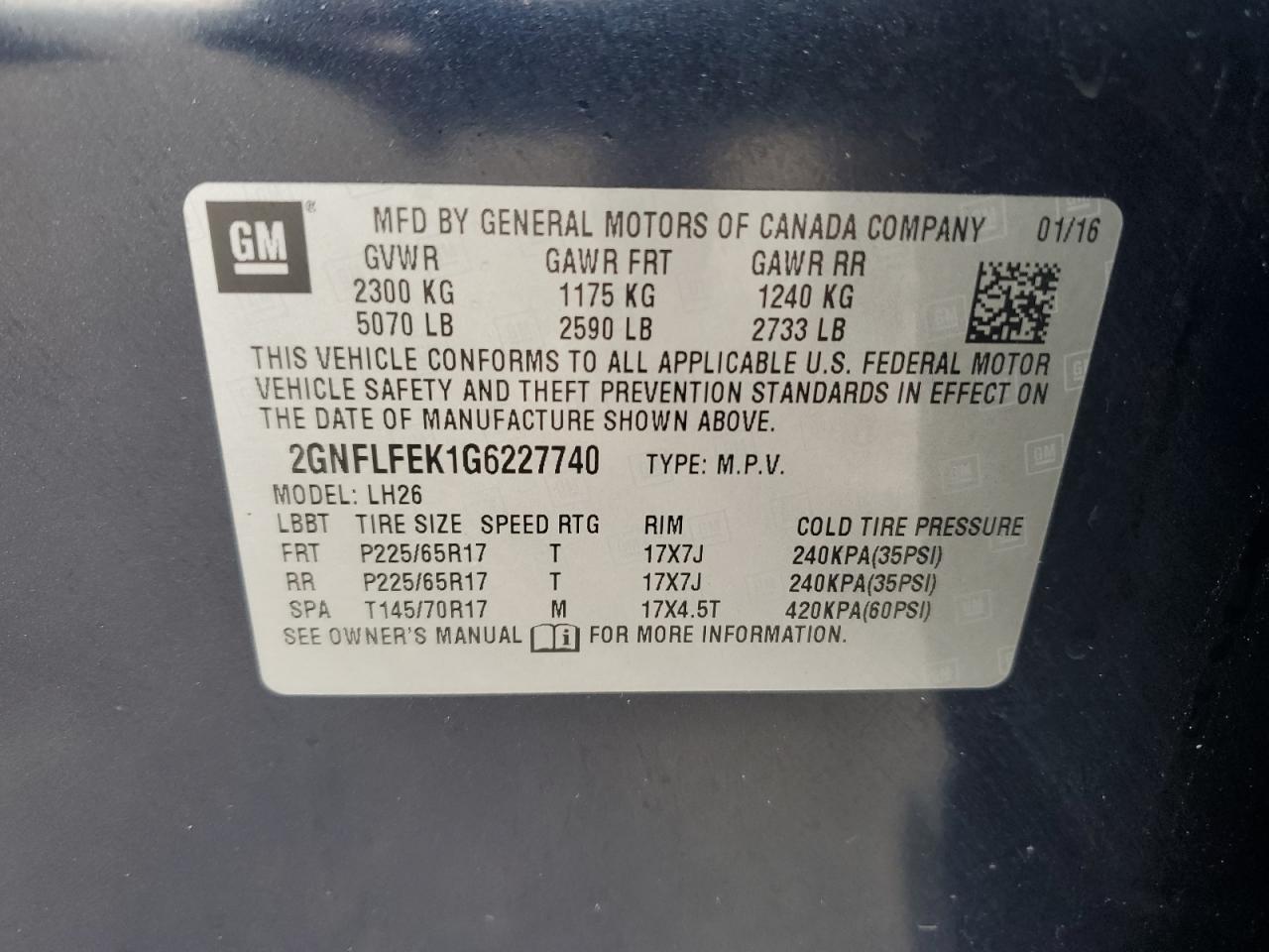 2GNFLFEK1G6227740 2016 Chevrolet Equinox Lt