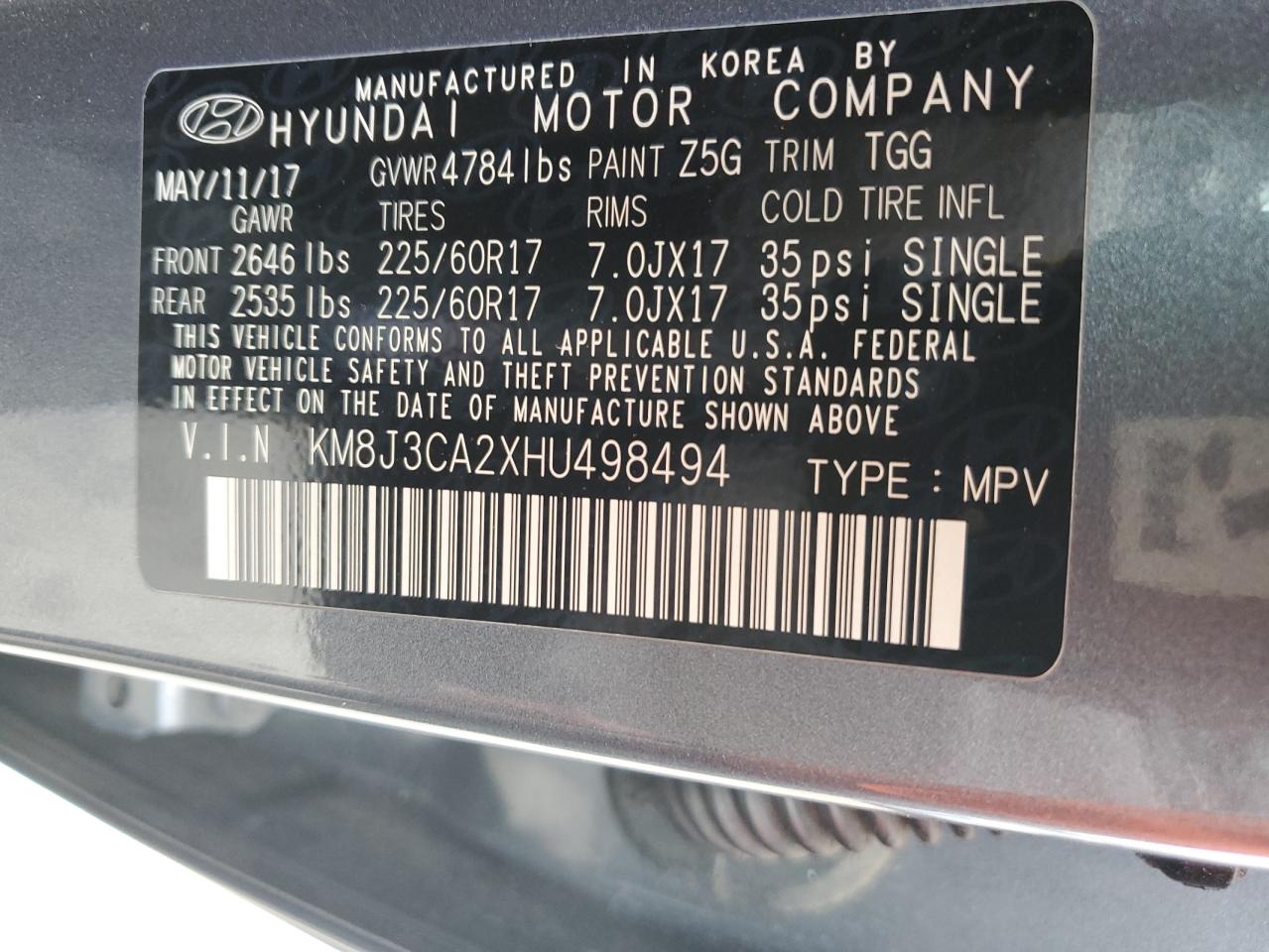 KM8J3CA2XHU498494 2017 Hyundai Tucson Limited