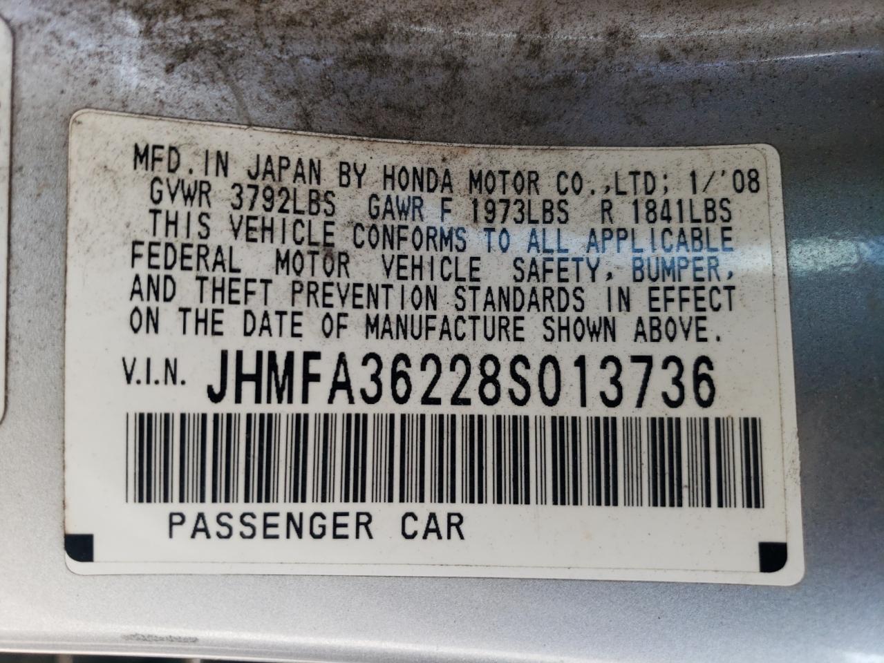 2008 Honda Civic Hybrid VIN: JHMFA36228S013736 Lot: 70748164