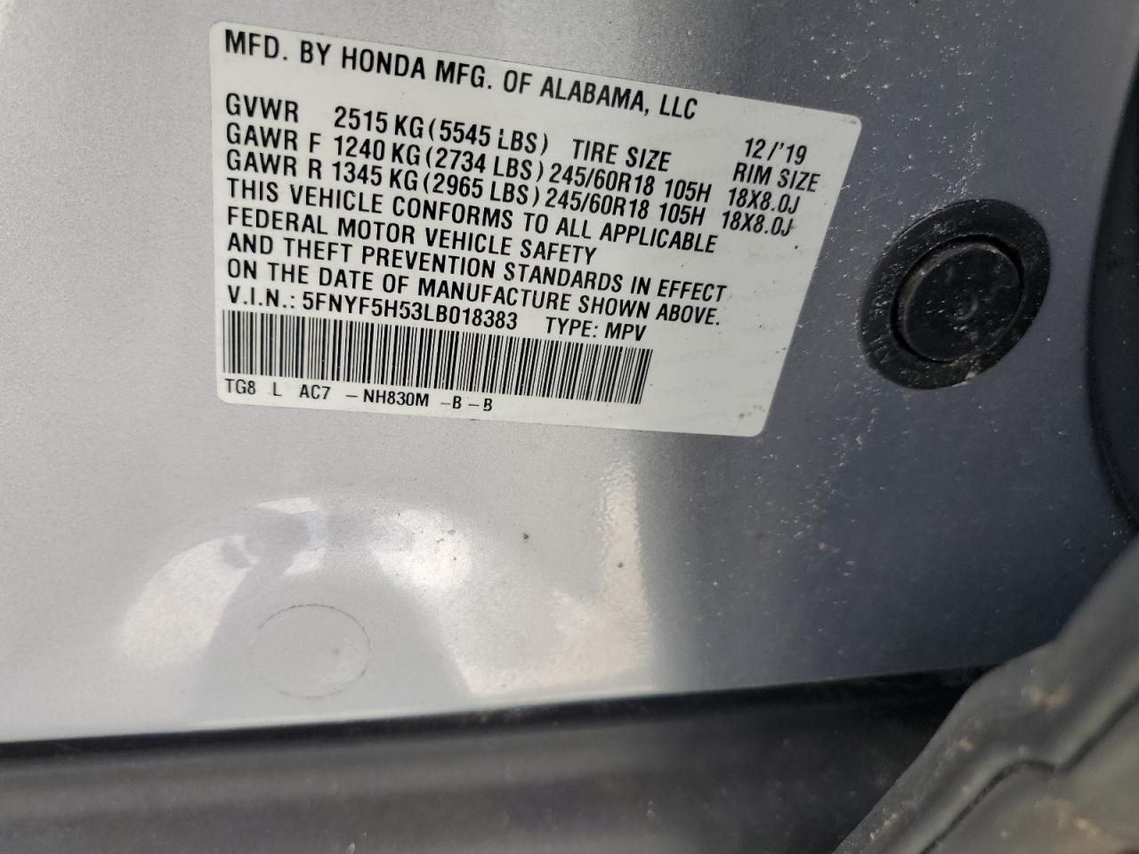 2020 Honda Pilot Exl VIN: 5FNYF5H53LB018383 Lot: 70635394