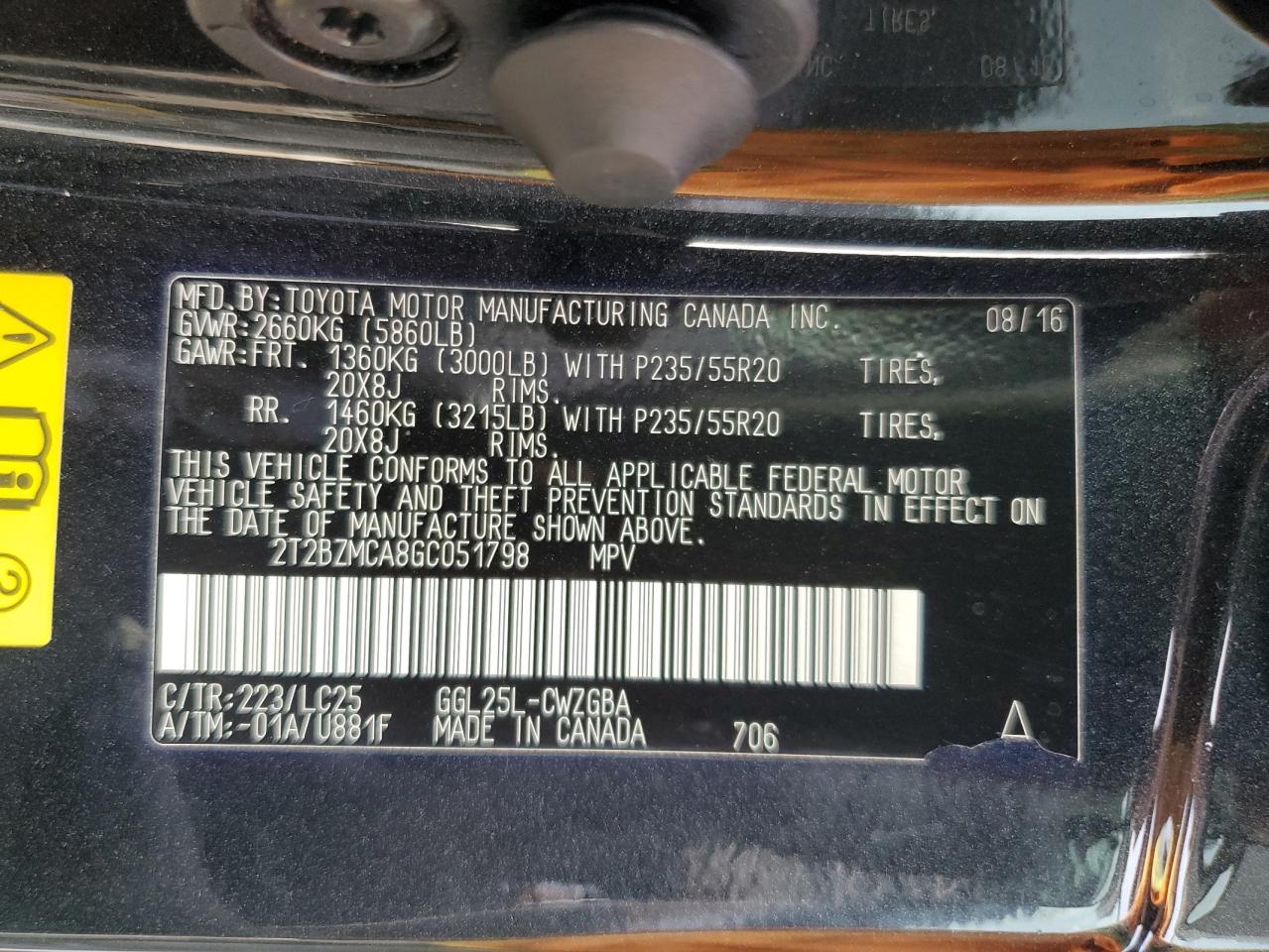 2T2BZMCA8GC051798 2016 Lexus Rx 350 Base