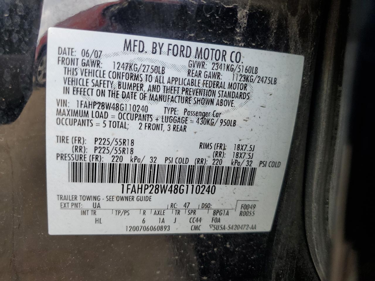 1FAHP28W48G110240 2008 Ford Taurus Limited