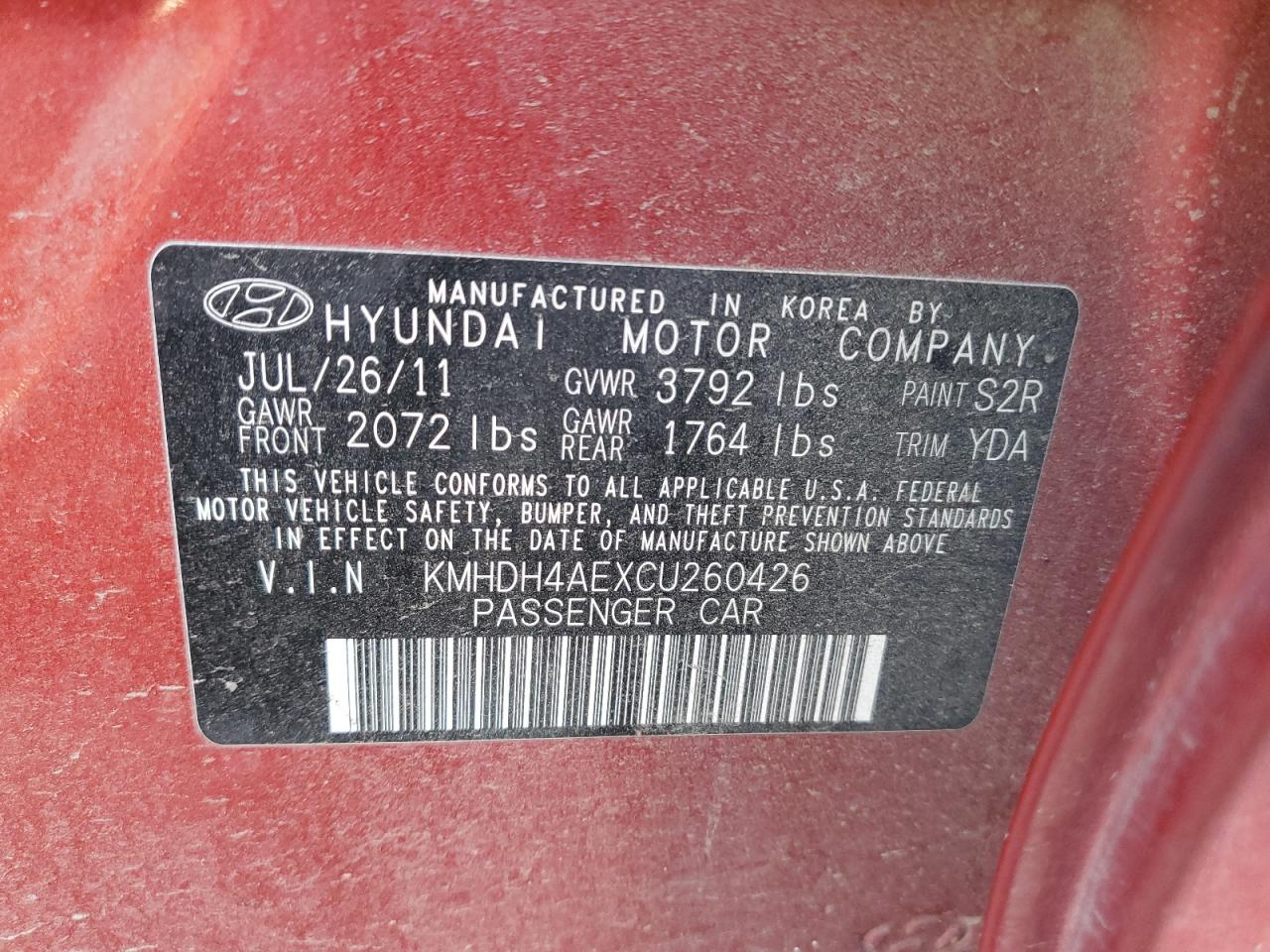 KMHDH4AEXCU260426 2012 Hyundai Elantra Gls