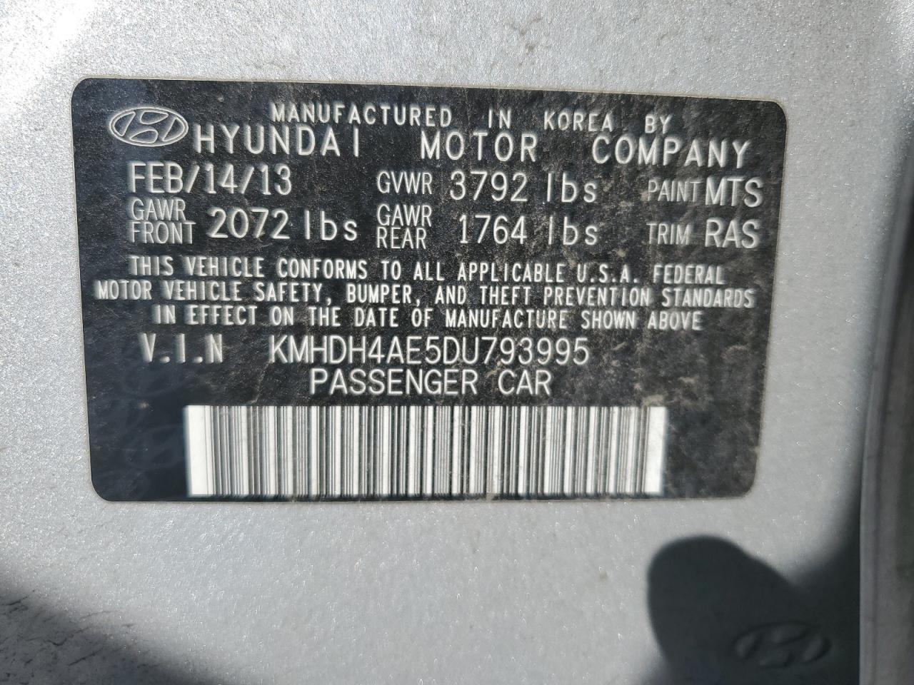 KMHDH4AE5DU793995 2013 Hyundai Elantra Gls