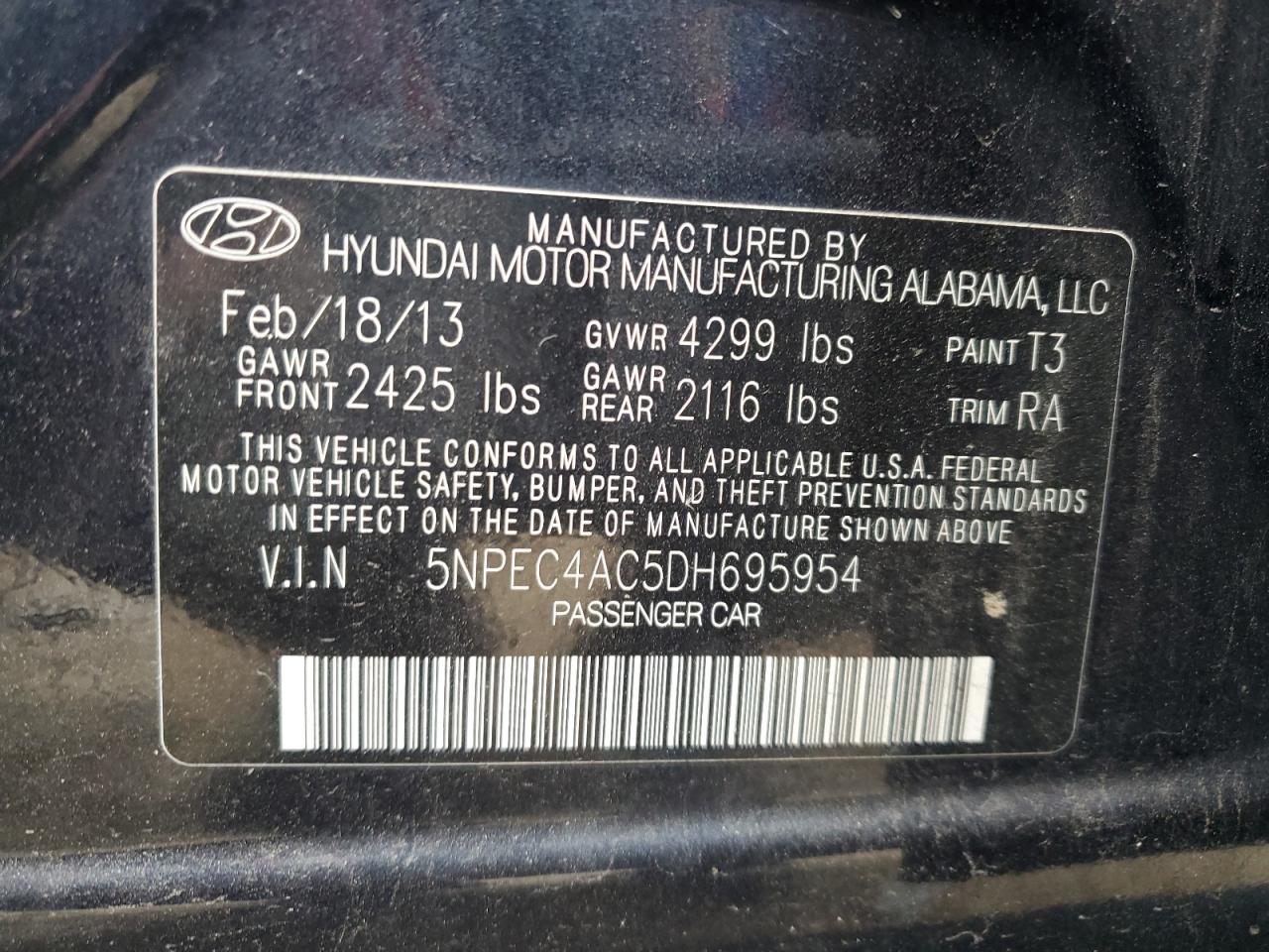 5NPEC4AC5DH695954 2013 Hyundai Sonata Se