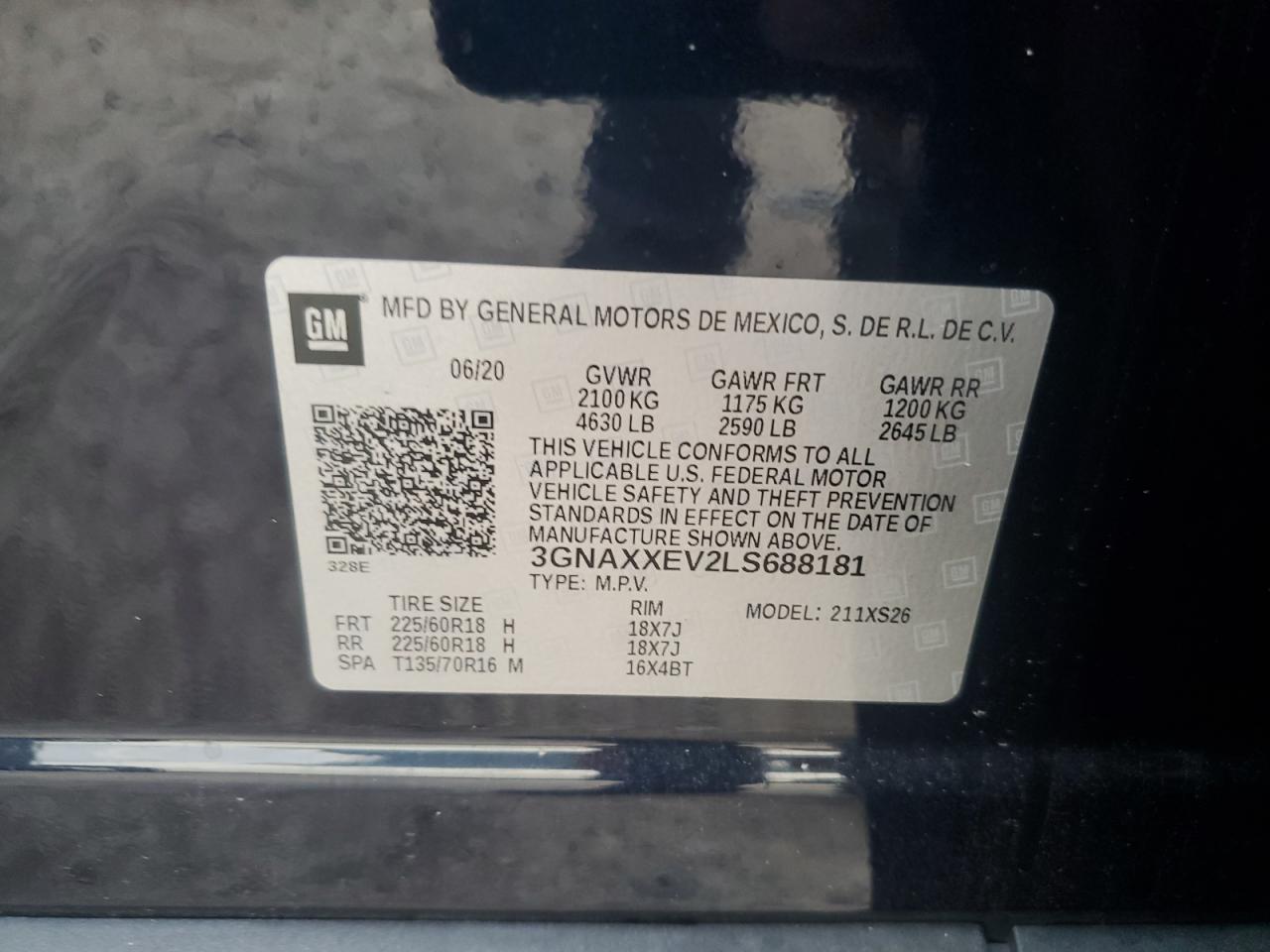 3GNAXXEV2LS688181 2020 Chevrolet Equinox Premier