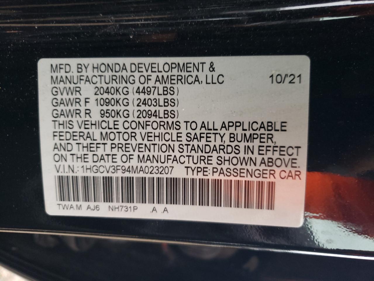 1HGCV3F94MA023207 2021 Honda Accord Touring Hybrid