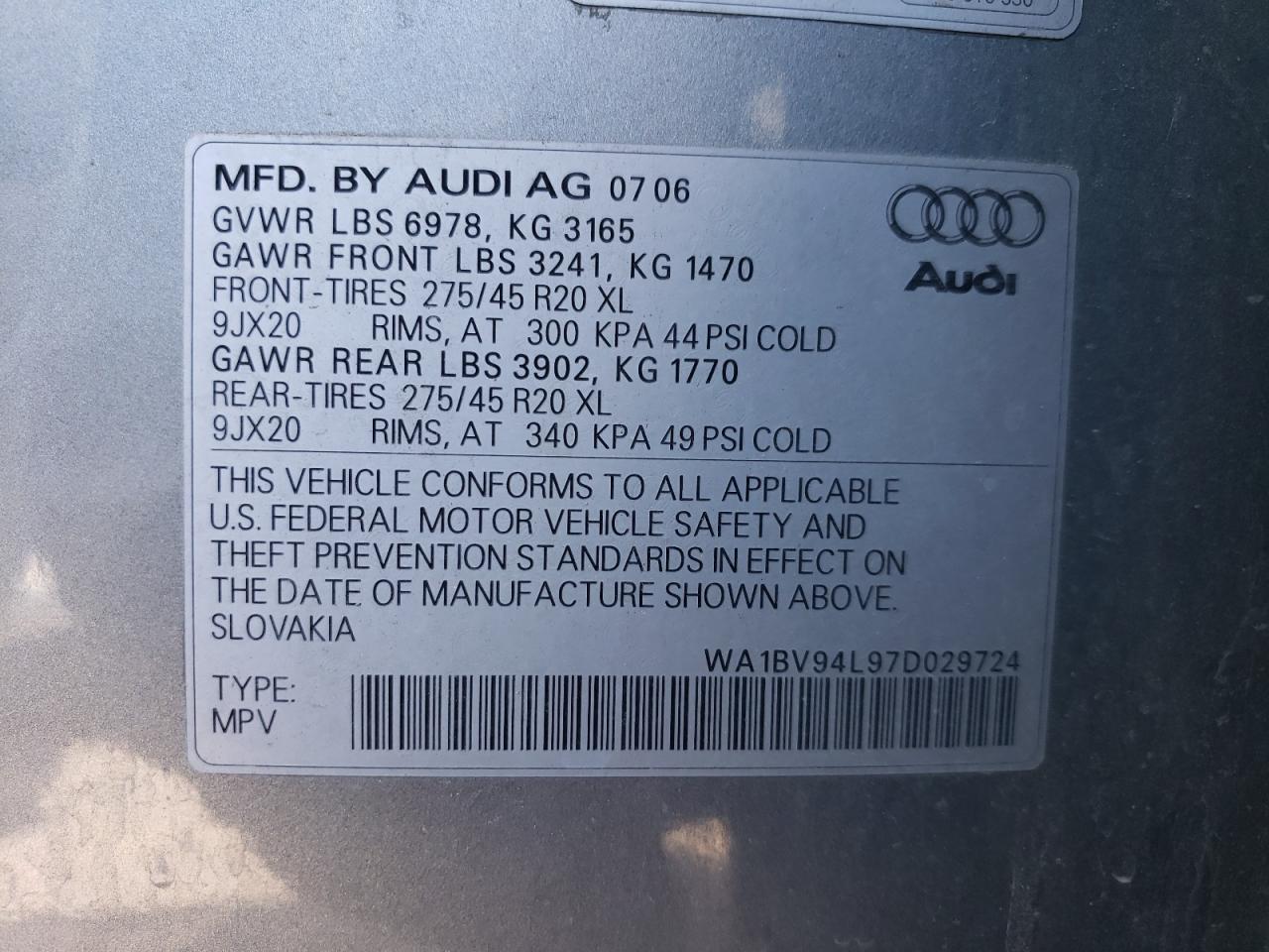 WA1BV94L97D029724 2007 Audi Q7 4.2 Quattro Premium