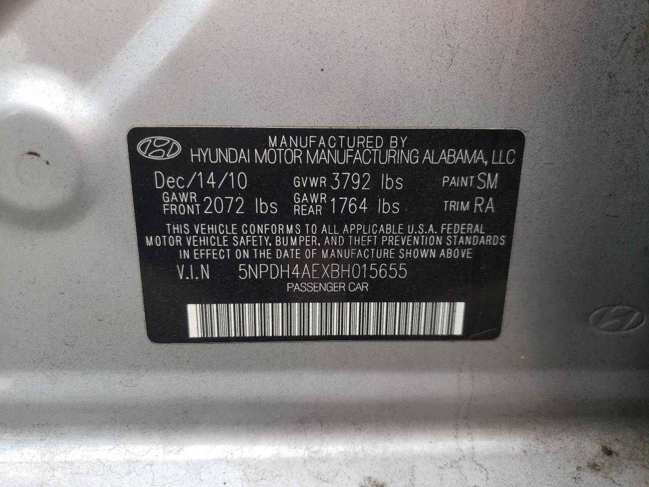 5NPDH4AEXBH015655 2011 Hyundai Elantra Gls