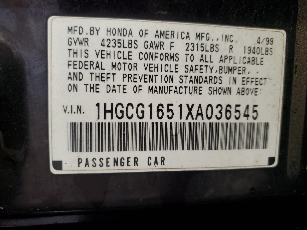 1HGCG1651XA036545 1999 Honda Accord Ex