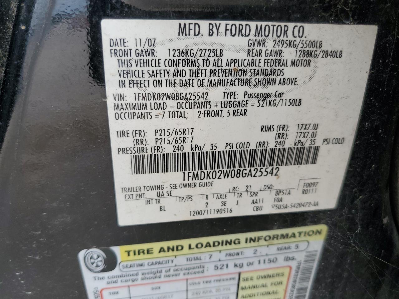 2008 Ford Taurus X Sel VIN: 1FMDK02W08GA25542 Lot: 70581934