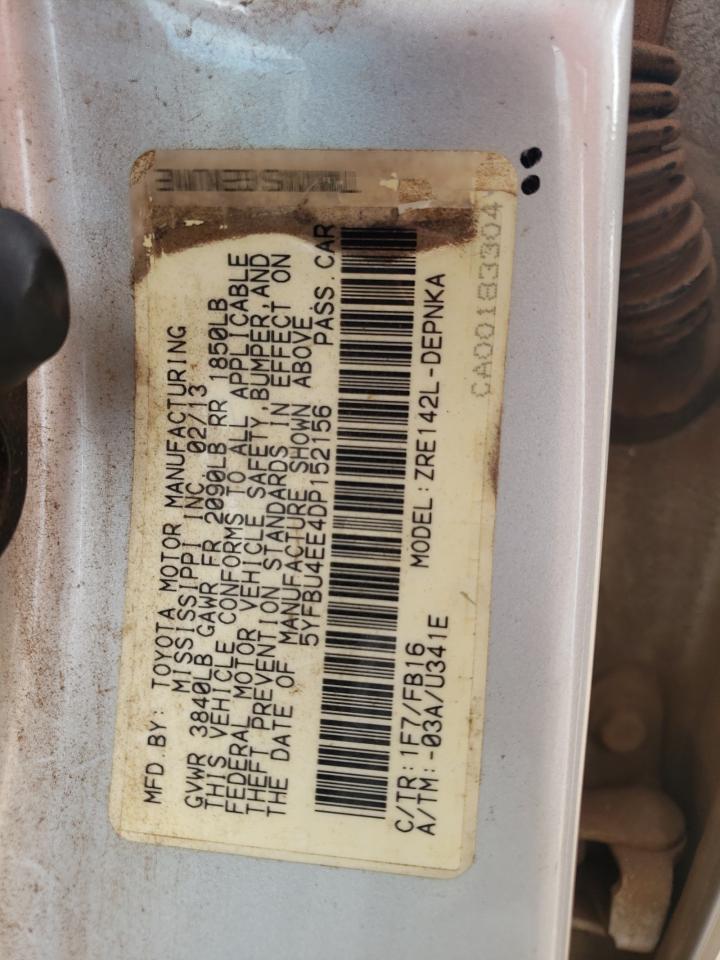 2013 Toyota Corolla Base VIN: 5YFBU4EE4DP152156 Lot: 72754694