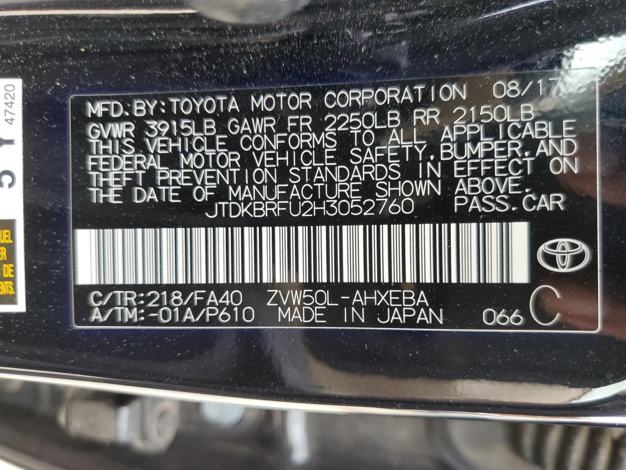 JTDKBRFU2H3052760 2017 Toyota Prius