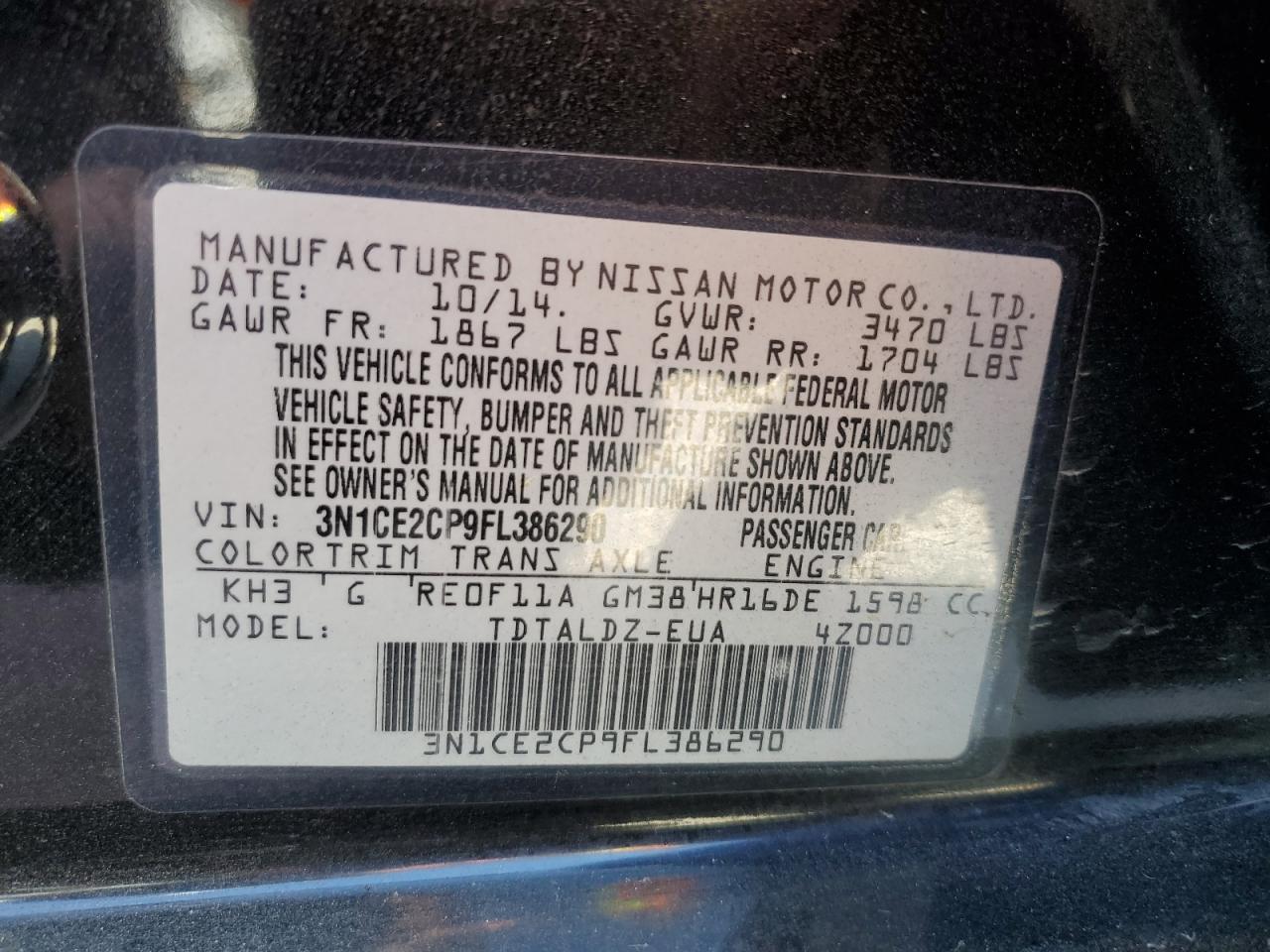 VIN 3N1CE2CP9FL386290 2015 NISSAN VERSA no.12