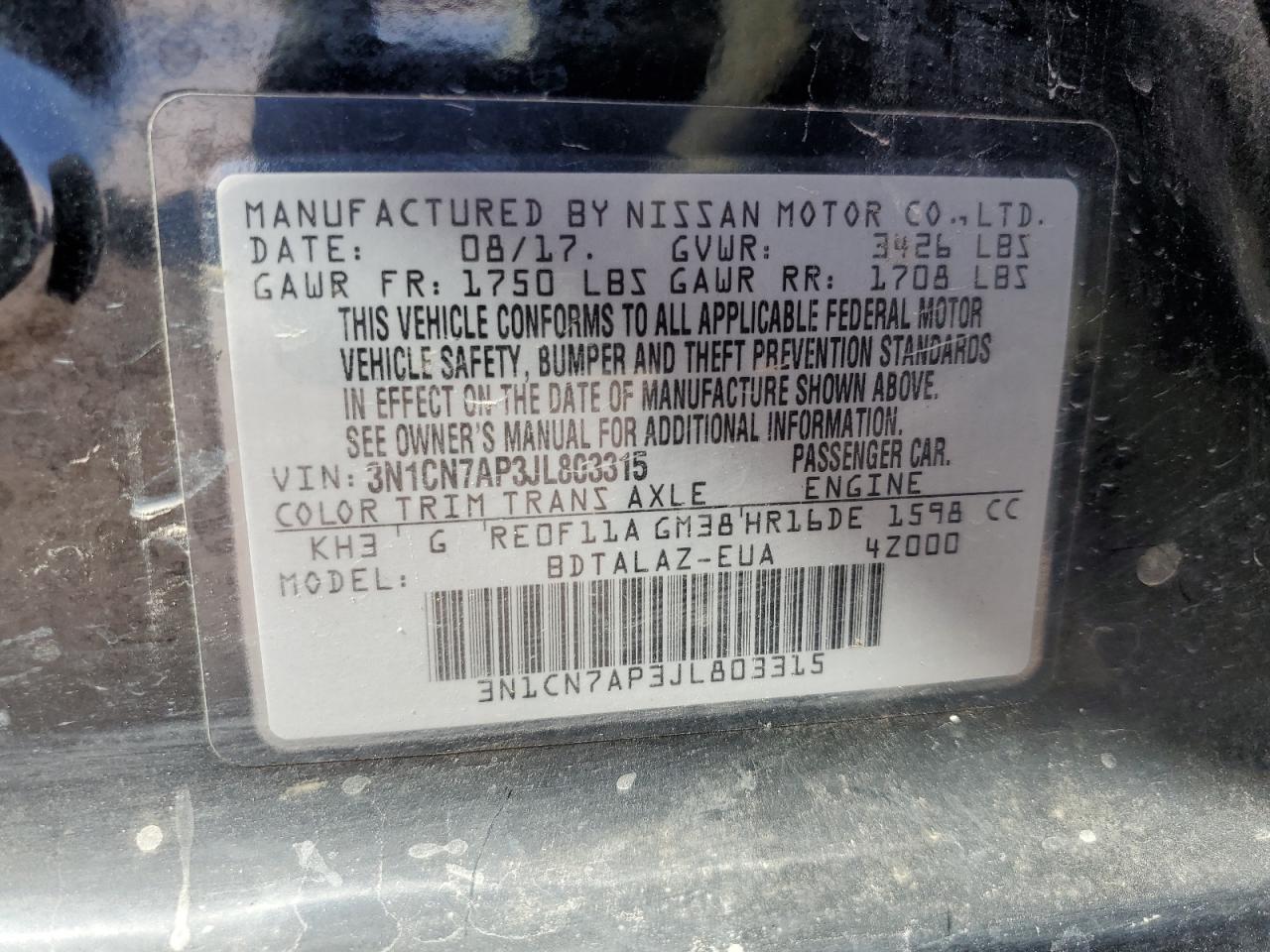 2018 Nissan Versa S VIN: 3N1CN7AP3JL803315 Lot: 73349534