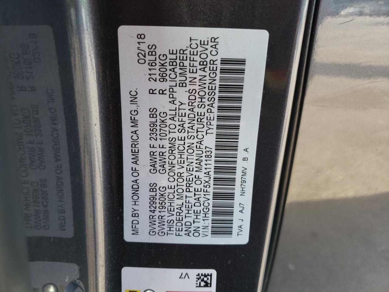 1HGCV1F5XJA111837 2018 Honda Accord Exl