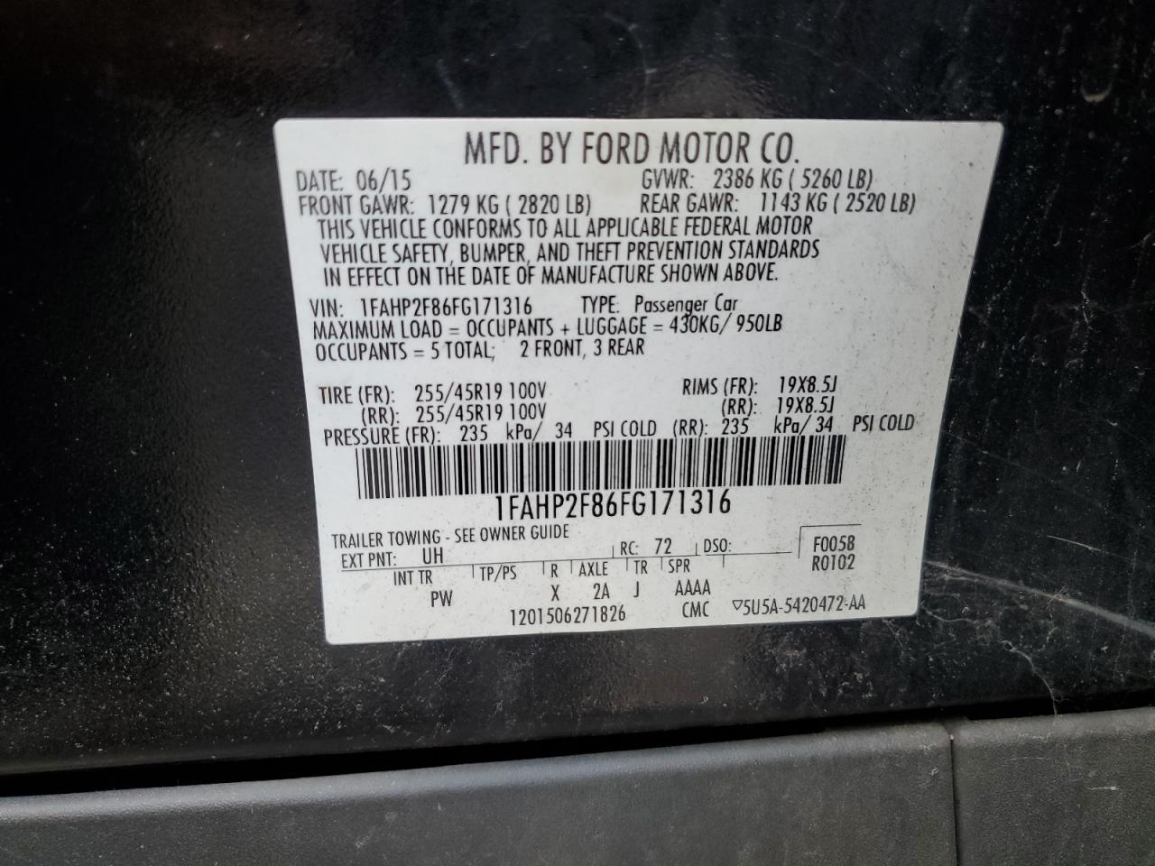 1FAHP2F86FG171316 2015 Ford Taurus Limited