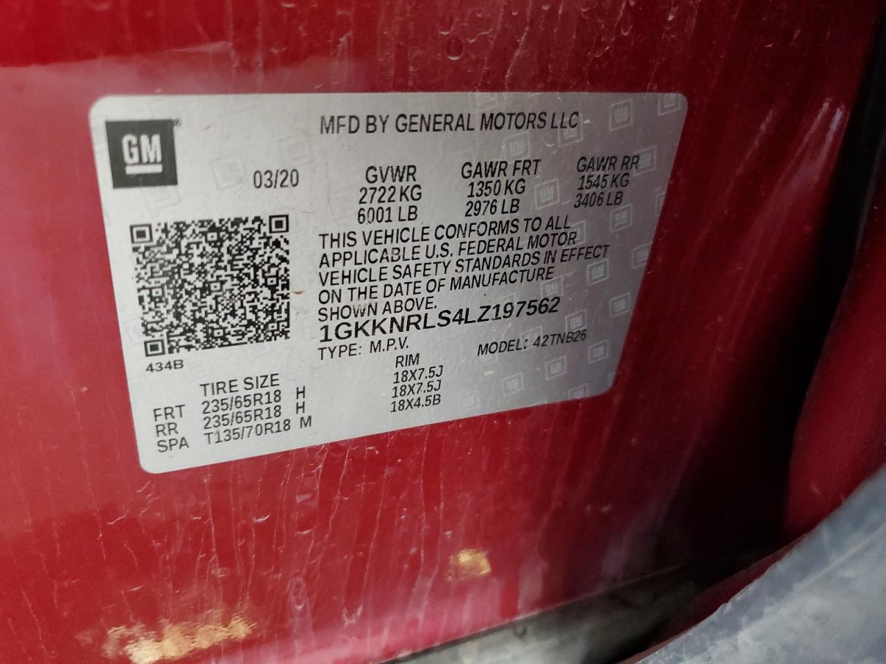 2020 GMC Acadia Sle VIN: 1GKKNRLS4LZ197562 Lot: 73097844