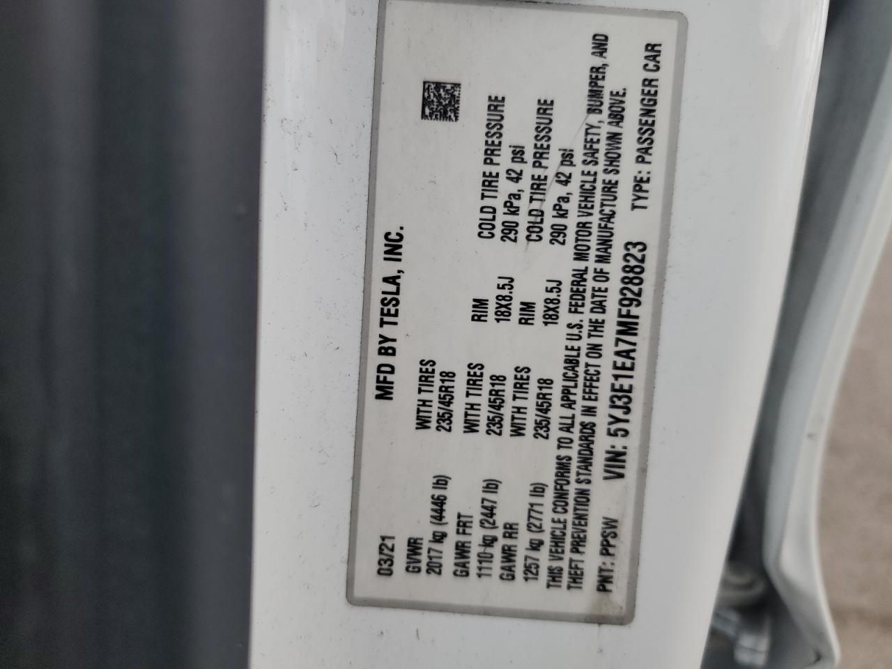 5YJ3E1EA7MF928823 2021 Tesla Model 3