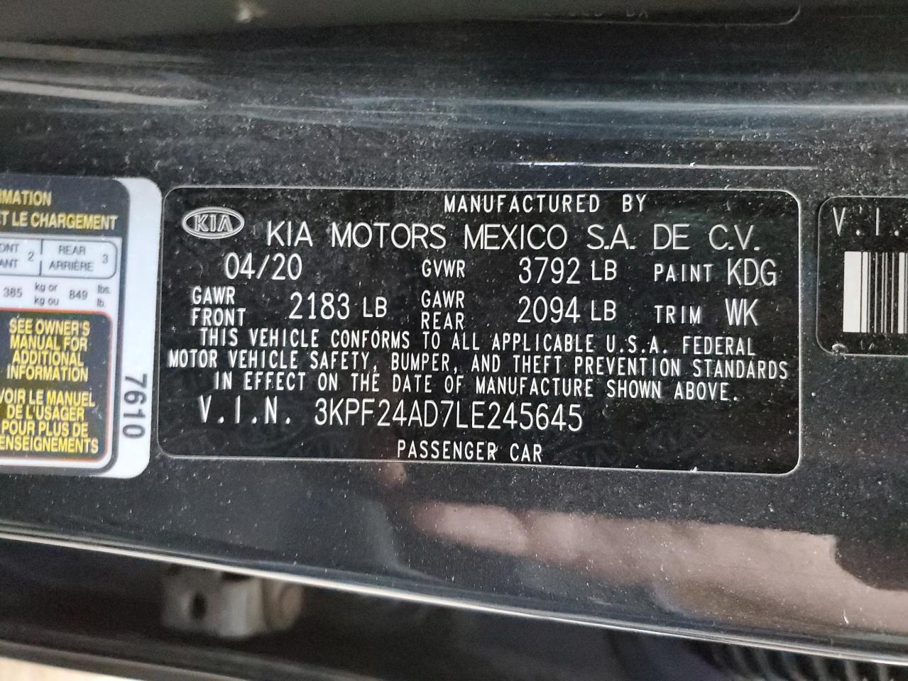 2020 Kia Forte Fe VIN: 3KPF24AD7LE245645 Lot: 73016284