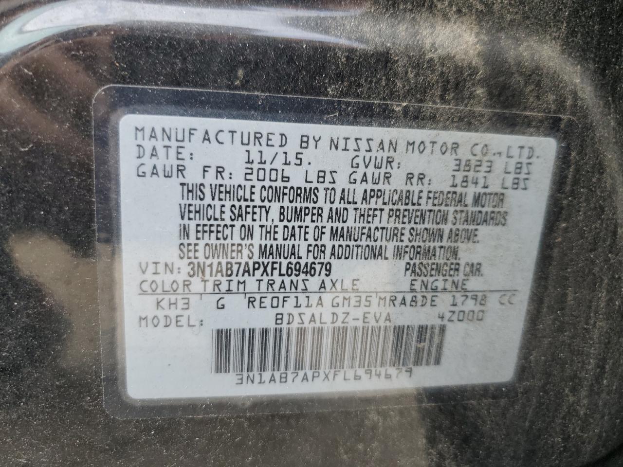 3N1AB7APXFL694679 2015 Nissan Sentra S