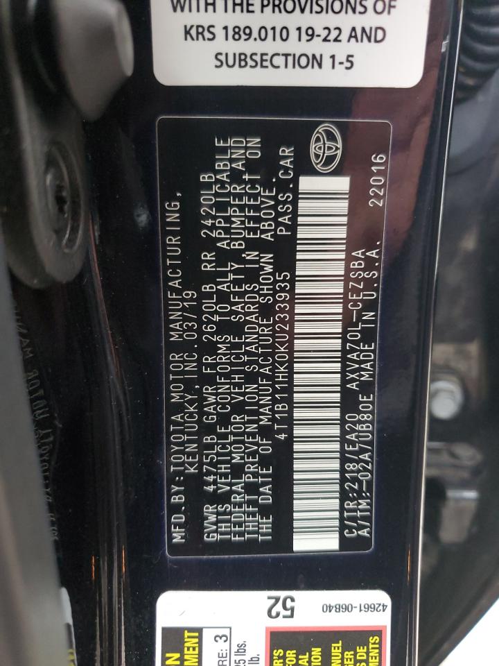 4T1B11HK0KU233935 2019 Toyota Camry L