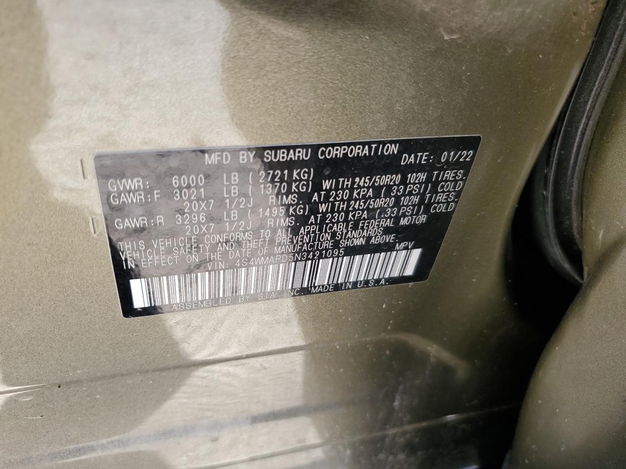 2022 Subaru Ascent Limited VIN: 4S4WMAPD5N3421095 Lot: 71983734